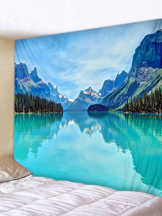 Mountain lake tapestry adds tranquility to your bedroom.